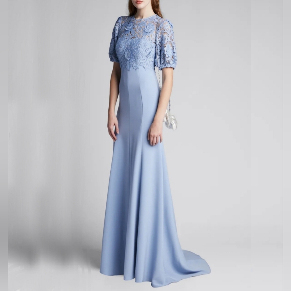 Lela Rose EUC Sky Blue Guipure Lace Puff Sleeve Column Gown Wedding, Gala 6